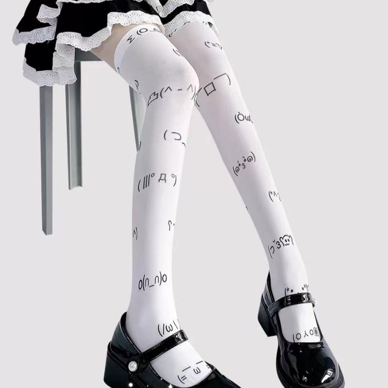Kawaii Expression White Graffiti Letter Print Long Socks Japanese JK Harajuku Over Knee Thigh High Stockings Cosplay Socks