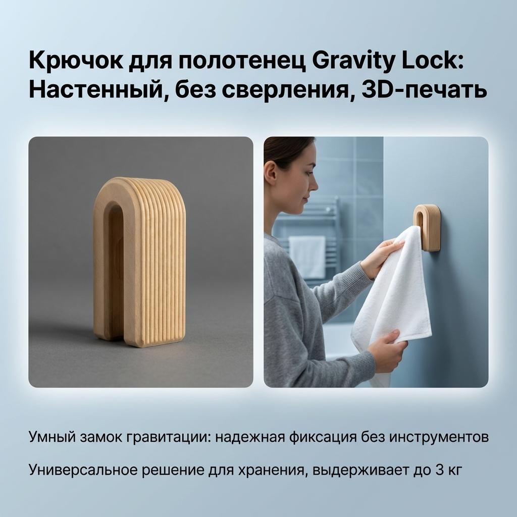 3D-печатный крючок для полотенец с гравитационным замком, настенный, без сверления, многоцелевое решение для хранения