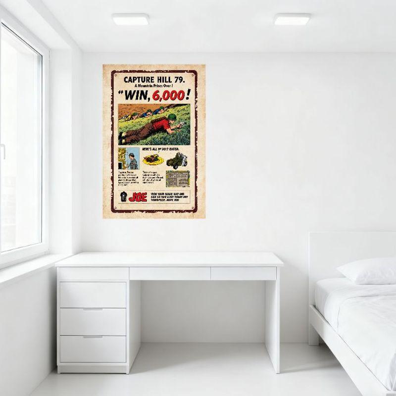 Винтажная жестяная вывеска для военного призыва, комикс-панель, ЗАХВАТ ХОЛМА 79, Бежевый, Красная рамка, Солдат, Лежа, Винтовка, Ползком, Военная пропаганда