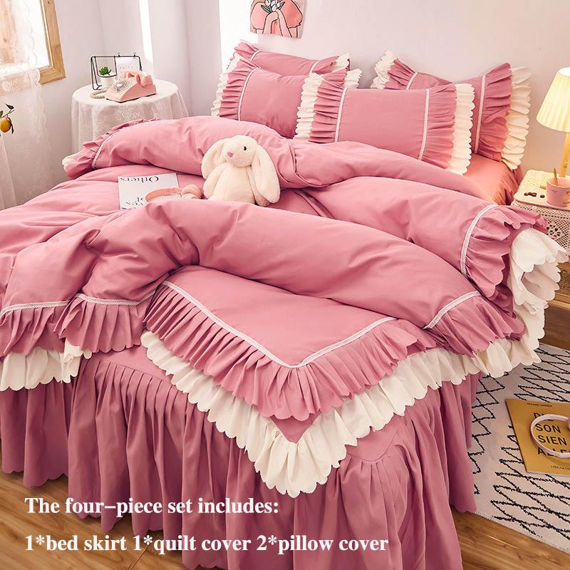 Four-piece Bed Skirt Thick Brushed Korean Style Bed Skirt and Quilt Cover Three-piece Princess Style Bedding