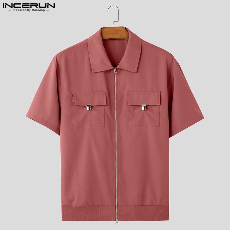 INCERUN Мужские повседневные рубашки-карго с воротником-лацканами и коротким рукавом на молнии