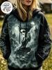 Women Fleece Lined Hoodie Halloween Gothic Doll Girl Raven Forest Print Pullover Sweatshirt