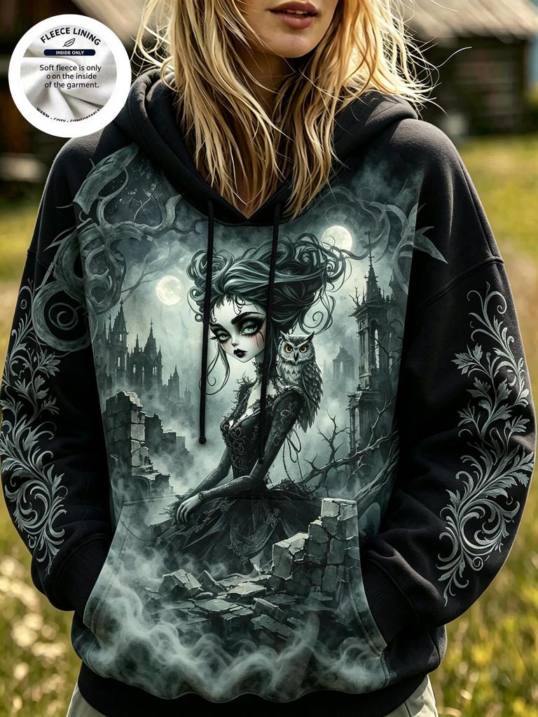Women Fleece Lined Hoodie Halloween Gothic Doll Girl Raven Forest Print Pullover Sweatshirt