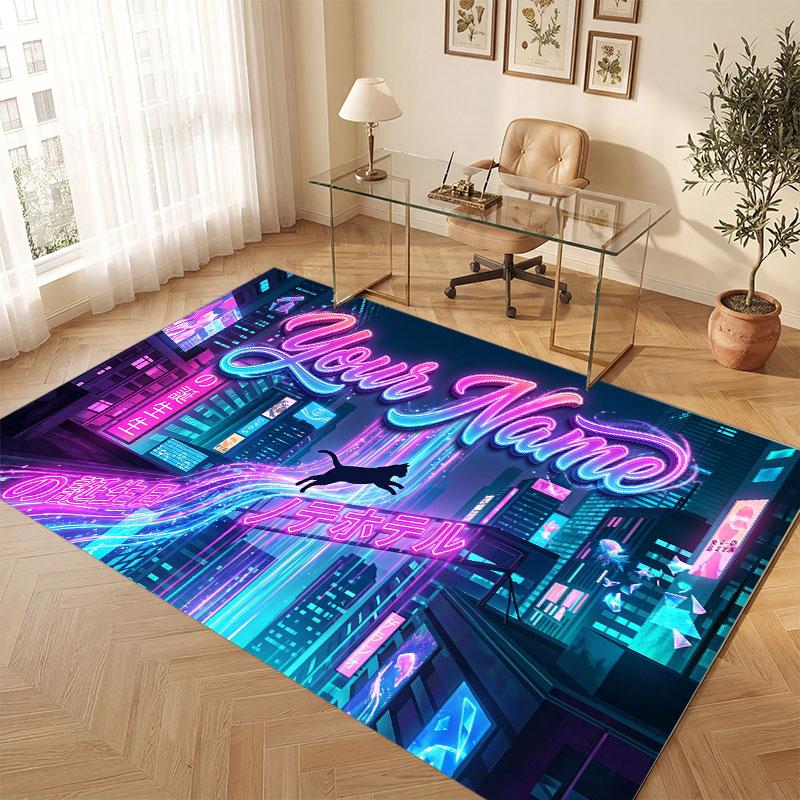 City Cyberpunk Theme Crystal Velvet Floor Rug Personalized Custom Name Text Warm Carpet Home Decoration
