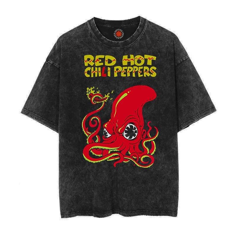 Трендовая стираная винтажная хлопковая футболка RED HOT CHILI PEPPERS Футболка Мужская Женская Футболка Оверсайз Уличная одежда Футболка с коротким рукавом