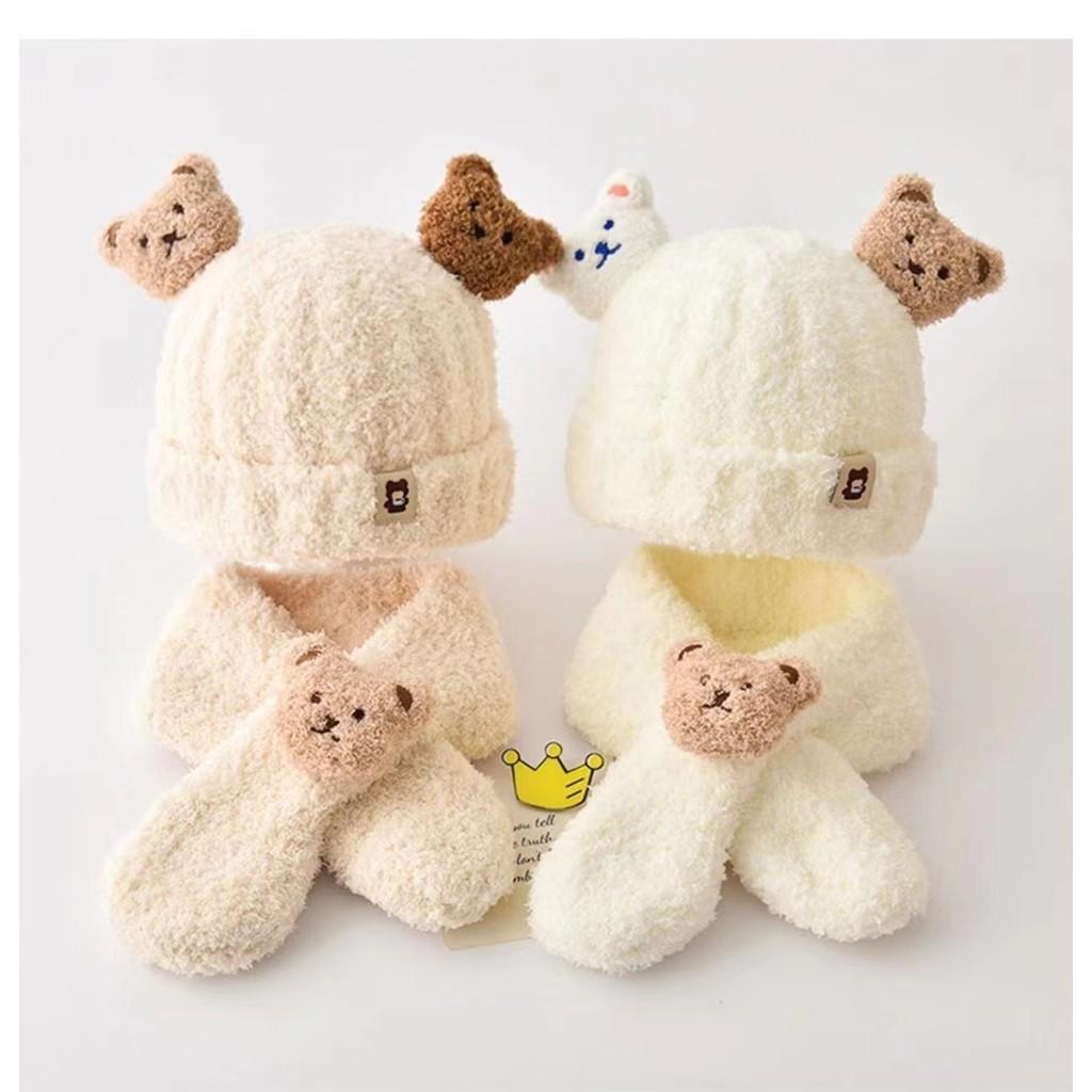 Baby Autumn and Winter Warm Hat Plush Scarf Two-piece Set Cute Teddy Bear Thick Male and Female Baby Yarn Hat