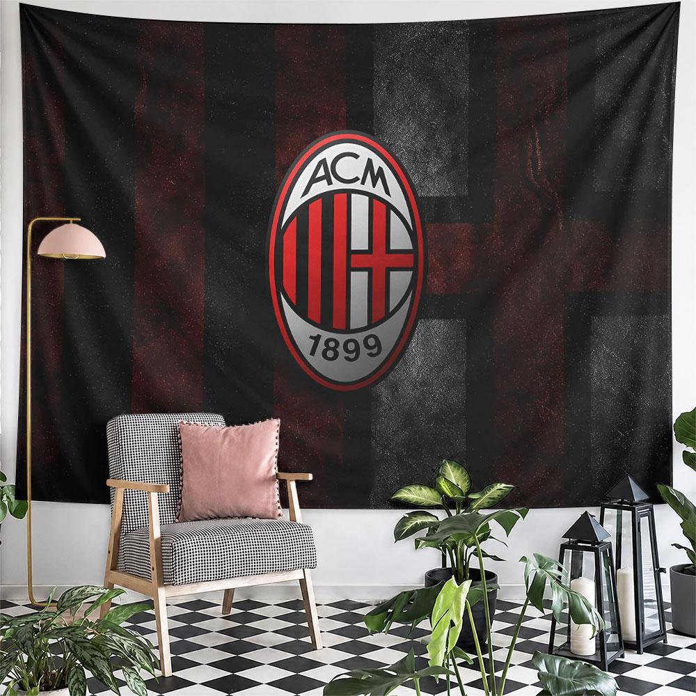Black and red vertical stripes with a central oval AC Milan logo. Patterned tapestry for bedroom and living room home decor