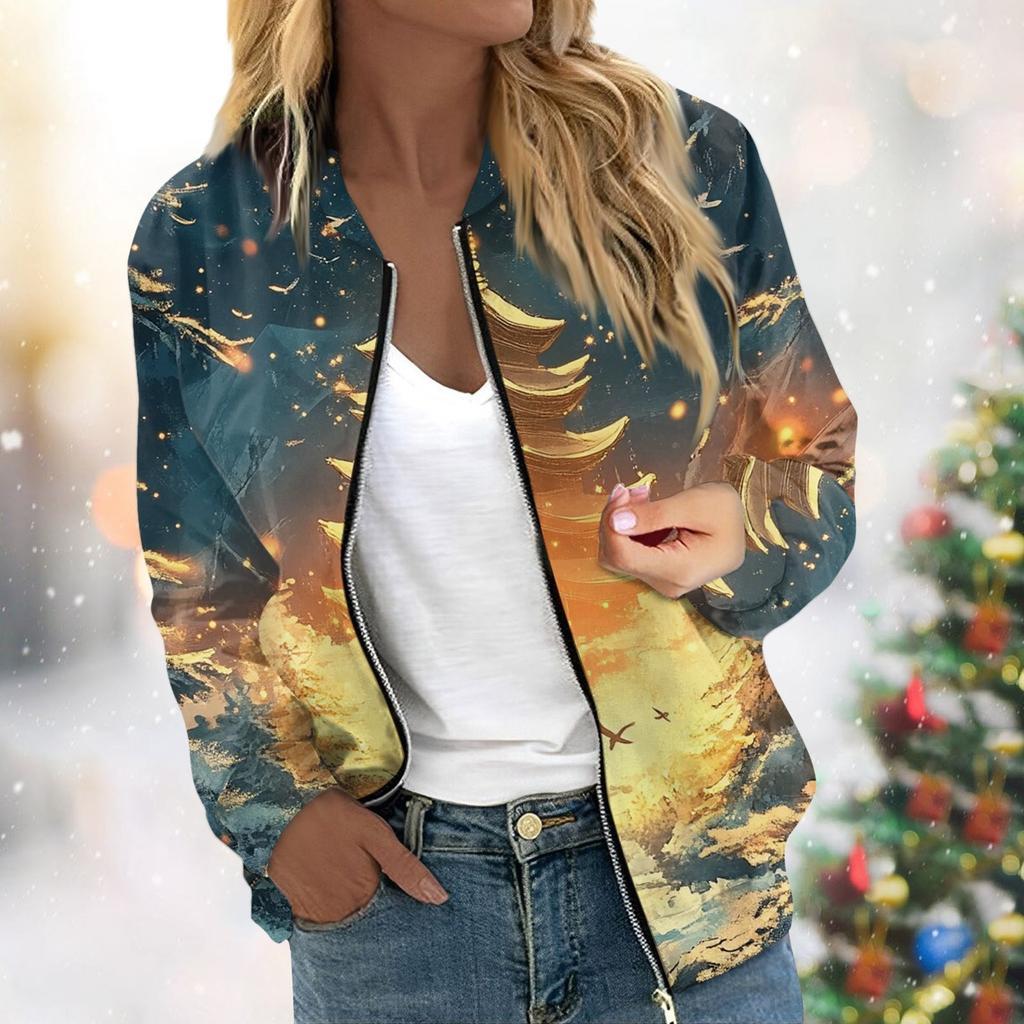 Женская легкая короткая куртка с длинными рукавами на молнии с принтом, повседневная стеганая куртка с карманами, рождественская