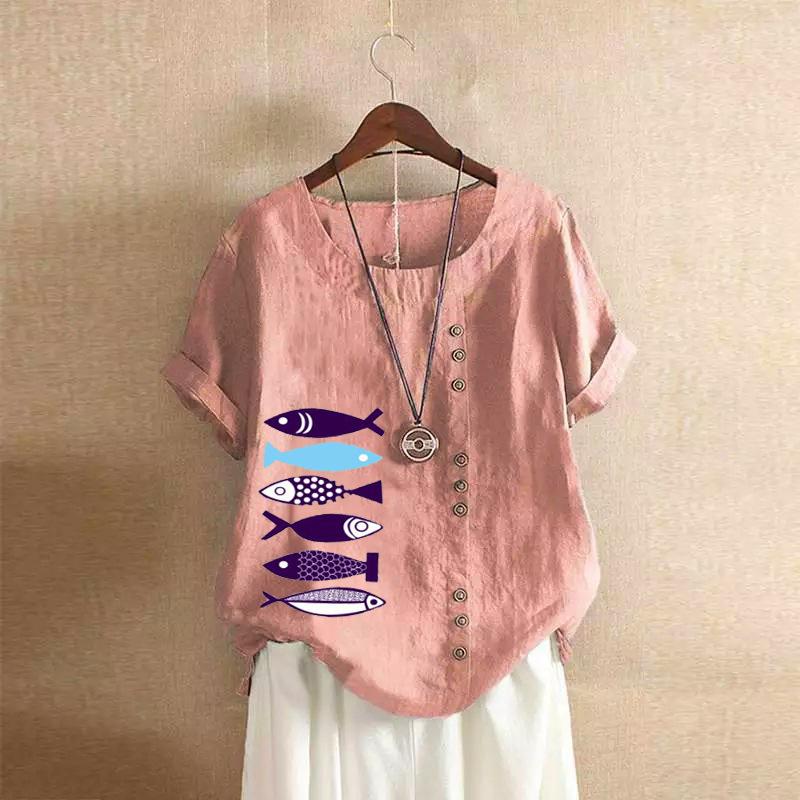2025 Хлопковая женская одежда с ретро-узором в виде рыбки, повседневная свободная футболка из хлопка и льна с короткими рукавами, женская одежда, большой размер