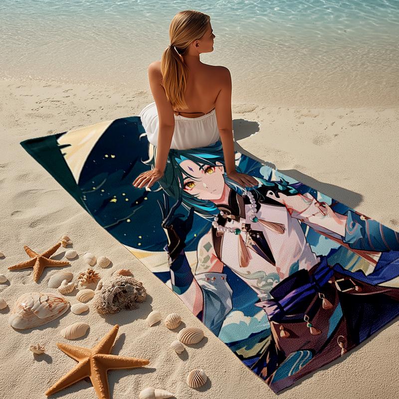 proof beach towel with a Genshin Impact characters6 pattern - soft,absorbent,quick-drying,machine washable - perfect for swimming,camping,bathing