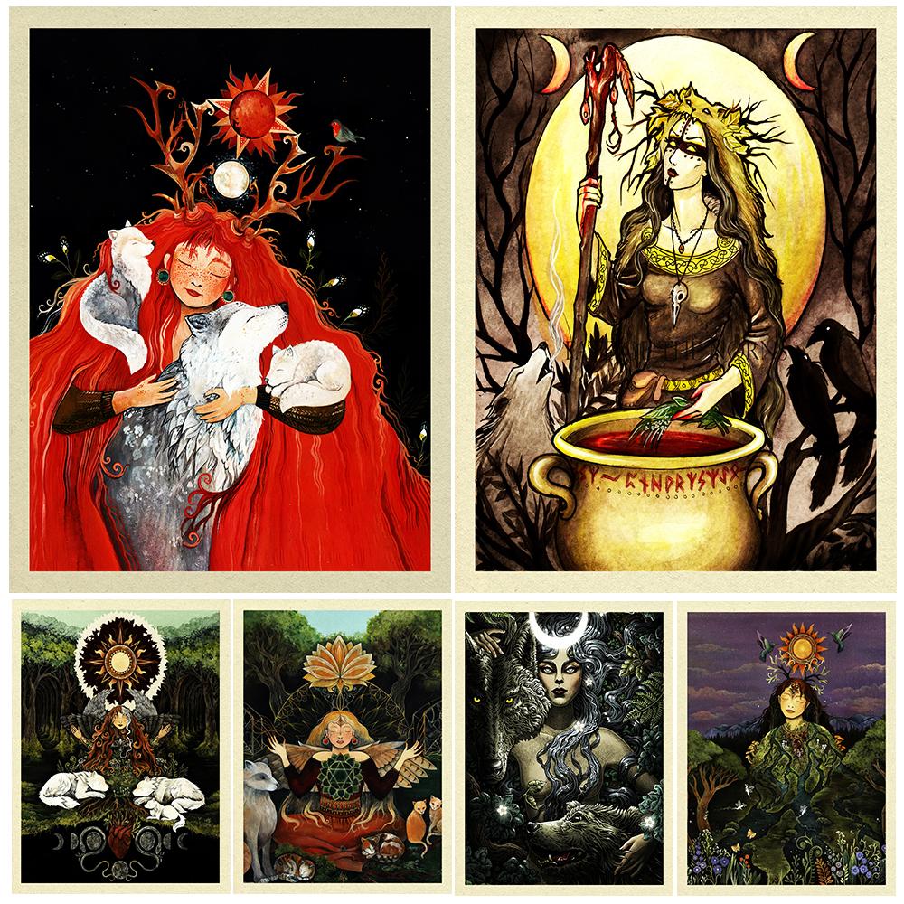 Лесная хранительница ведьма и богиня природы Ретро Фреска Картина маслом Шаман Плакат декоративно-прикладного искусства