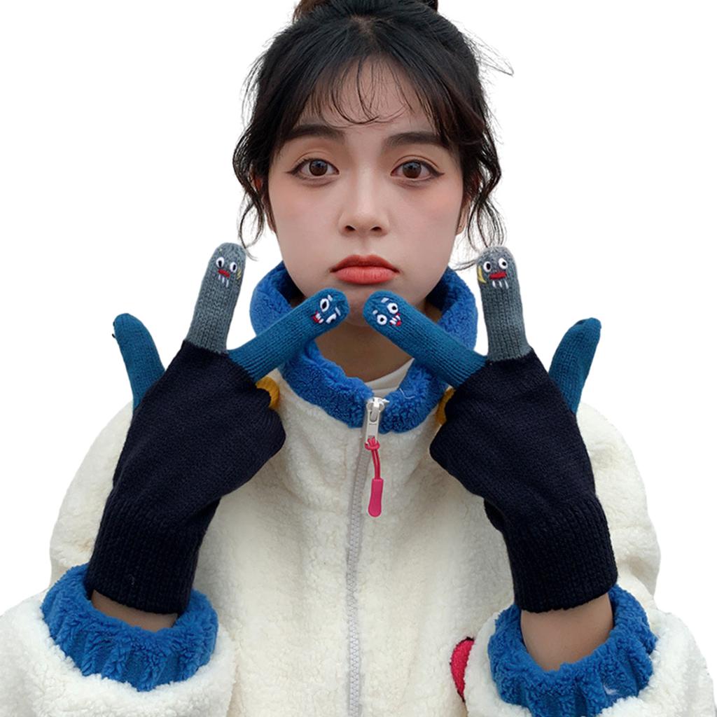Забавный узор с инопланетным выражением, вязаные перчатки, зимние варежки с полными пальцами, утолщенные теплые рождественские велосипедные перчатки для девочек