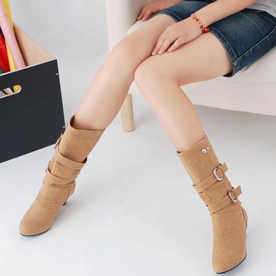 Мода Большой Размер 35-43 Осень Зима Новые ПУ Кожа Пряжка Массивный Каблук Ботинки до Середины Икры Круглый Носок Слипоны Повседневная Женская Обувь Римский Стиль