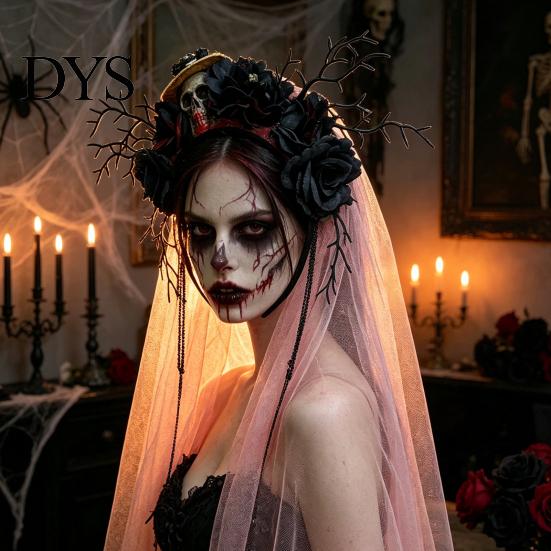 Halloween Ghost Bride Costume Gothic Flower Headband with Veil, Spooky Black Rose Dead Branch Skull Headpiece, Witch Hair Band Day of The Bridal Veil