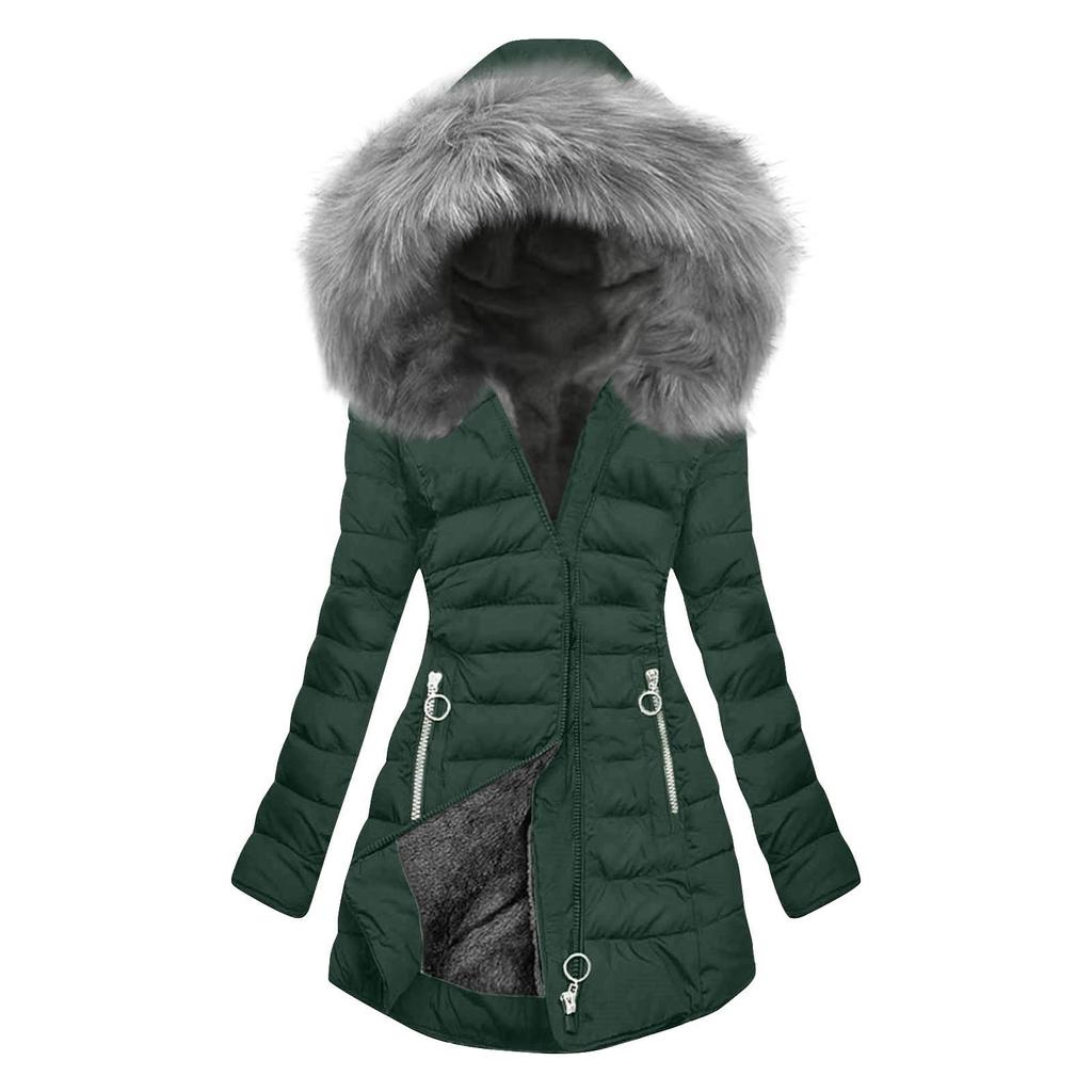 Women Hooded Plus Velvet Corduroy Coat Ladies Winter Cotton Coat Thickened Mid Length Warm Jacket