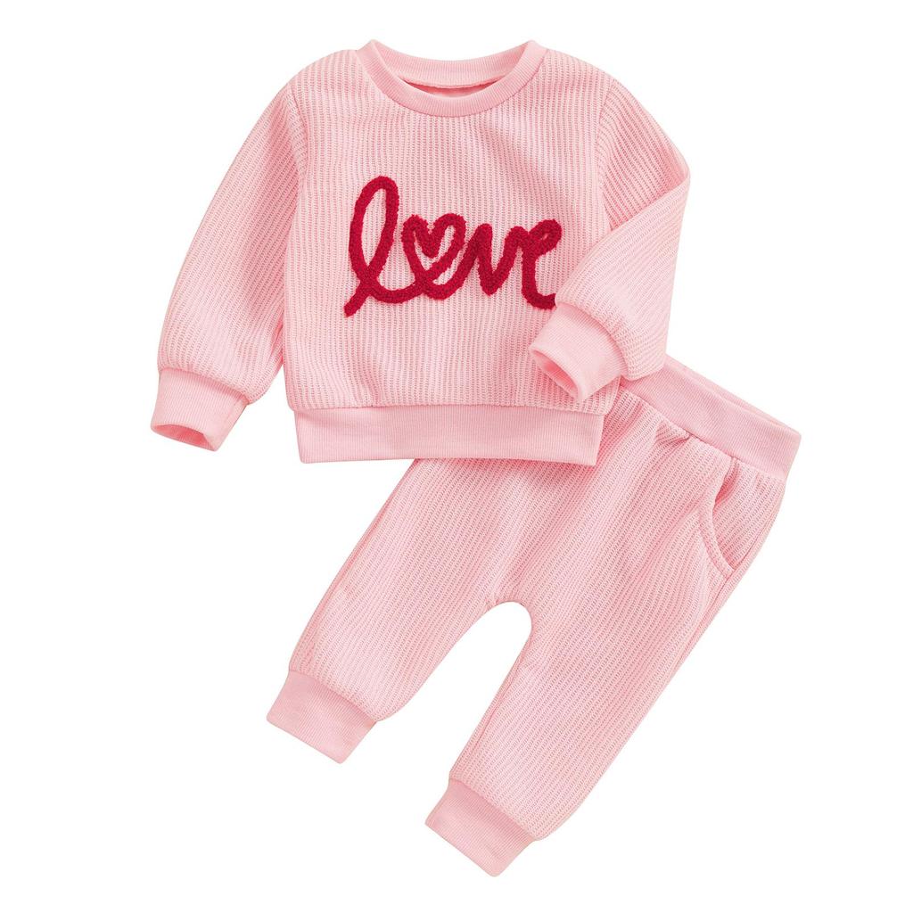Baby Girl 2Pcs Valentine 's Day Outfits 3M 6M 9M 12M 18M 24M Long Sleeve Letter Embroidery Sweatshirt + Pants Set Toddler Clothes