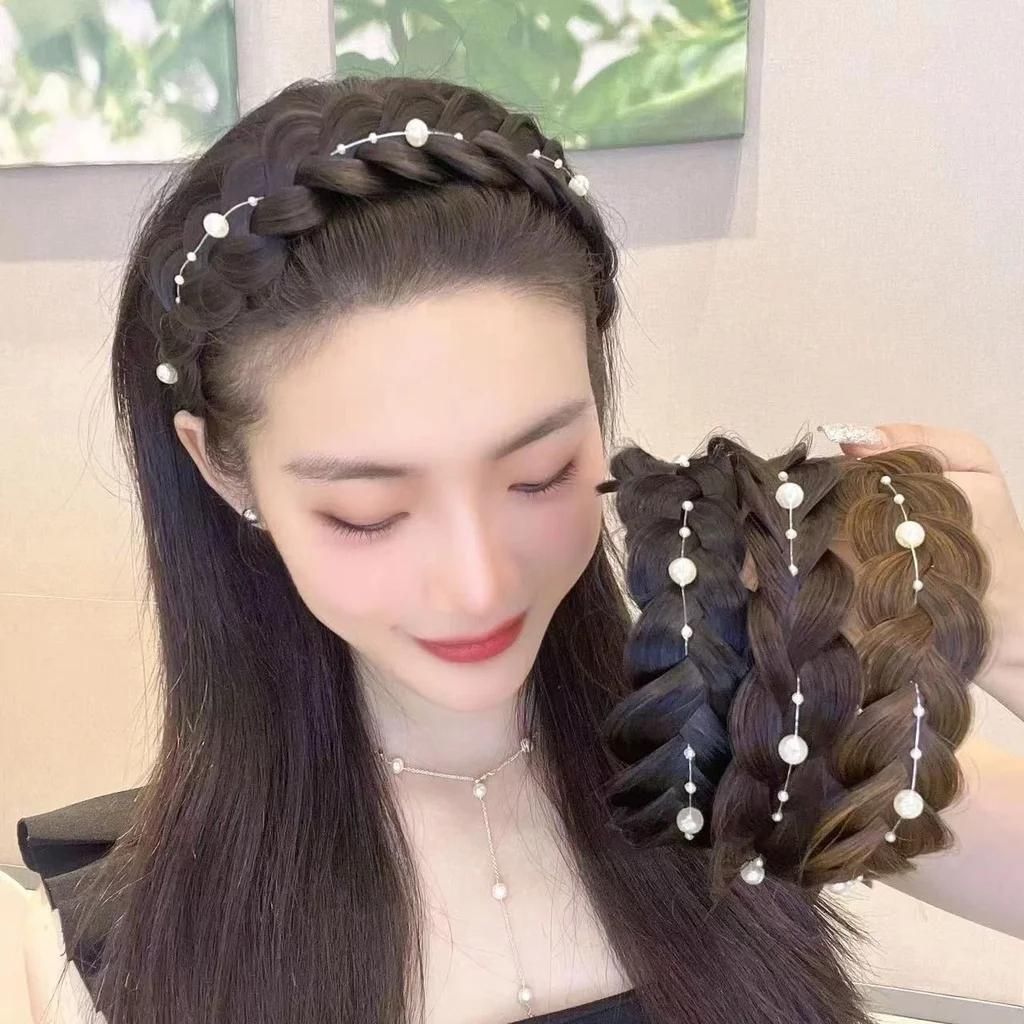 Pearl Hoop Hair Band Women Fishbone Braid Fake Wigs Headband Upgrade Temperament Twist Non-slip Hairband Hair Accessories