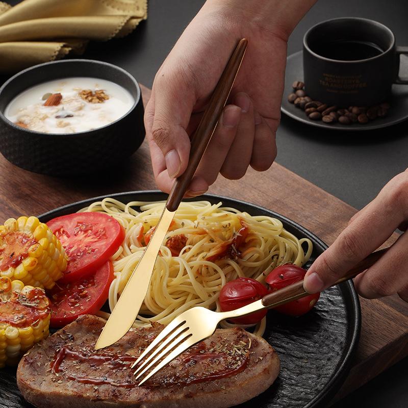 Набор столовых приборов из 5 предметов из нержавеющей стали с имитацией деревянной ручки, кухонная посуда для ресторана, западный нож, вилка, ложка, набор столовых приборов