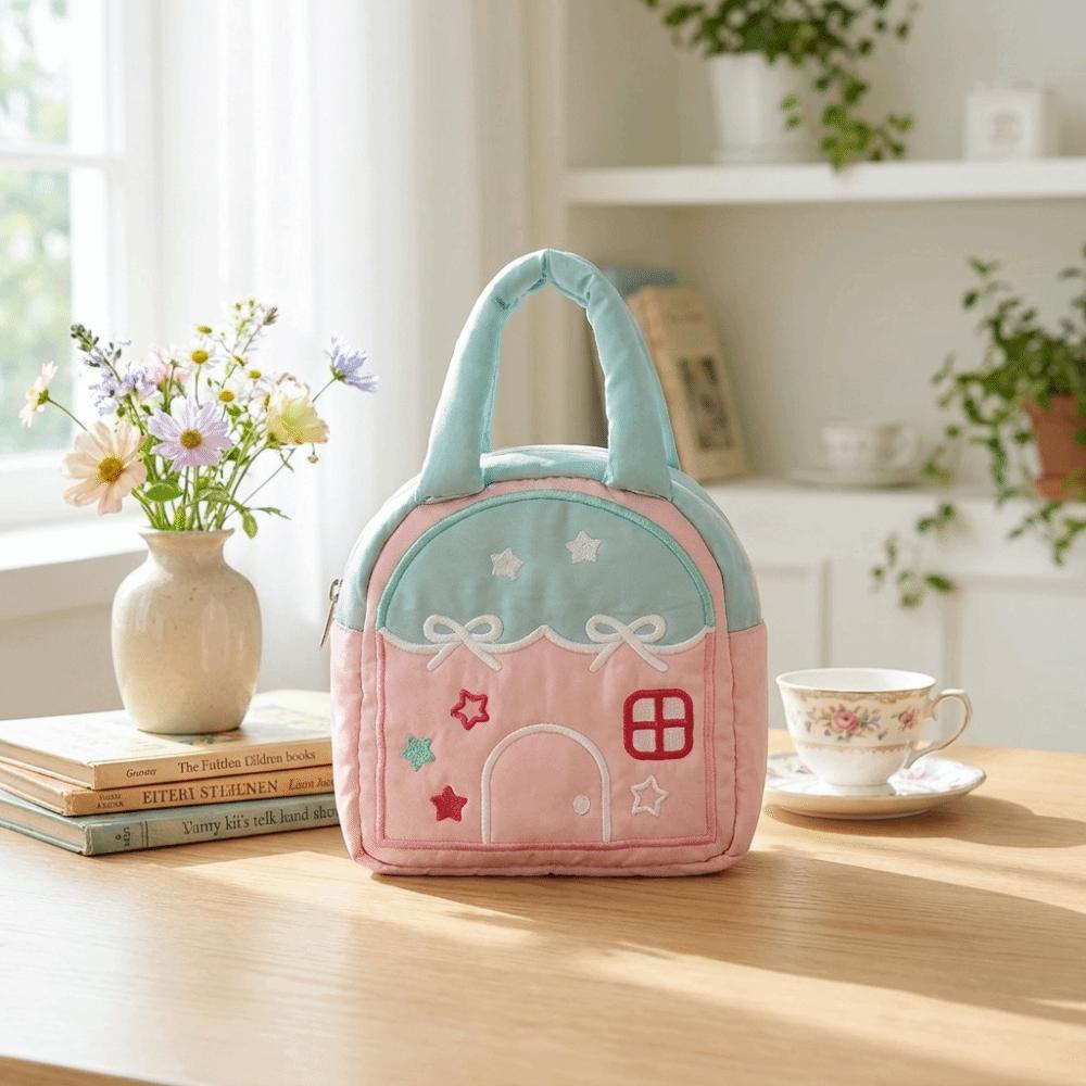 Embroidery Decor Small House Shaped Handbag Portable Makeup Organizer Bag Gift Giving