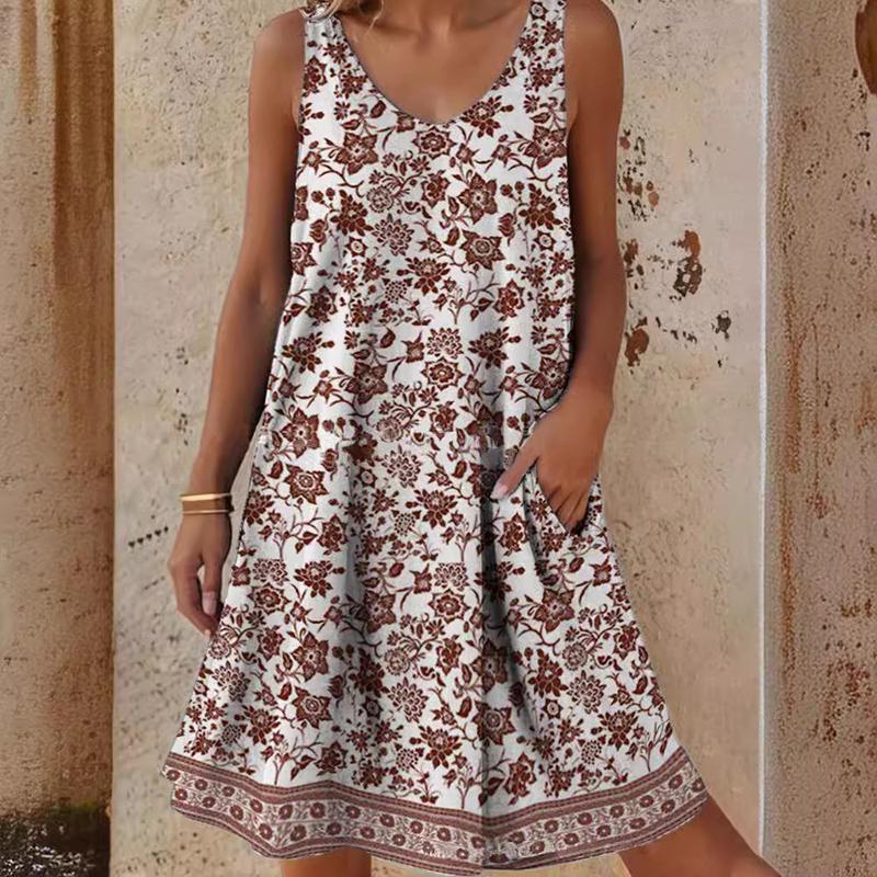 Женское платье-комбинация с цветочным принтом, летнее тонкое платье без рукавов с круглым вырезом, праздничное элегантное винтажное платье