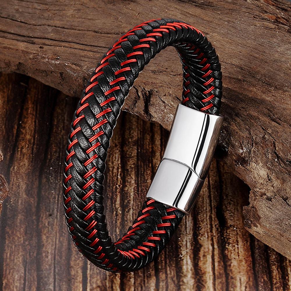 Leather Rope Bracelet, Leather Woven Bracelet, Genuine Leather Bracelet, Red Bracelet, Men's Cowhide Jewelry.