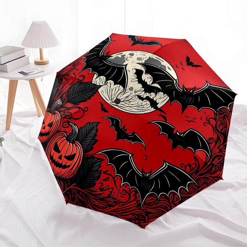 Halloween Moonlit Night Bat Pumpkin Decorative StickerUmbrella, Portable 3-Fold Umbrella for Men & Women,Christmas Gift ES326