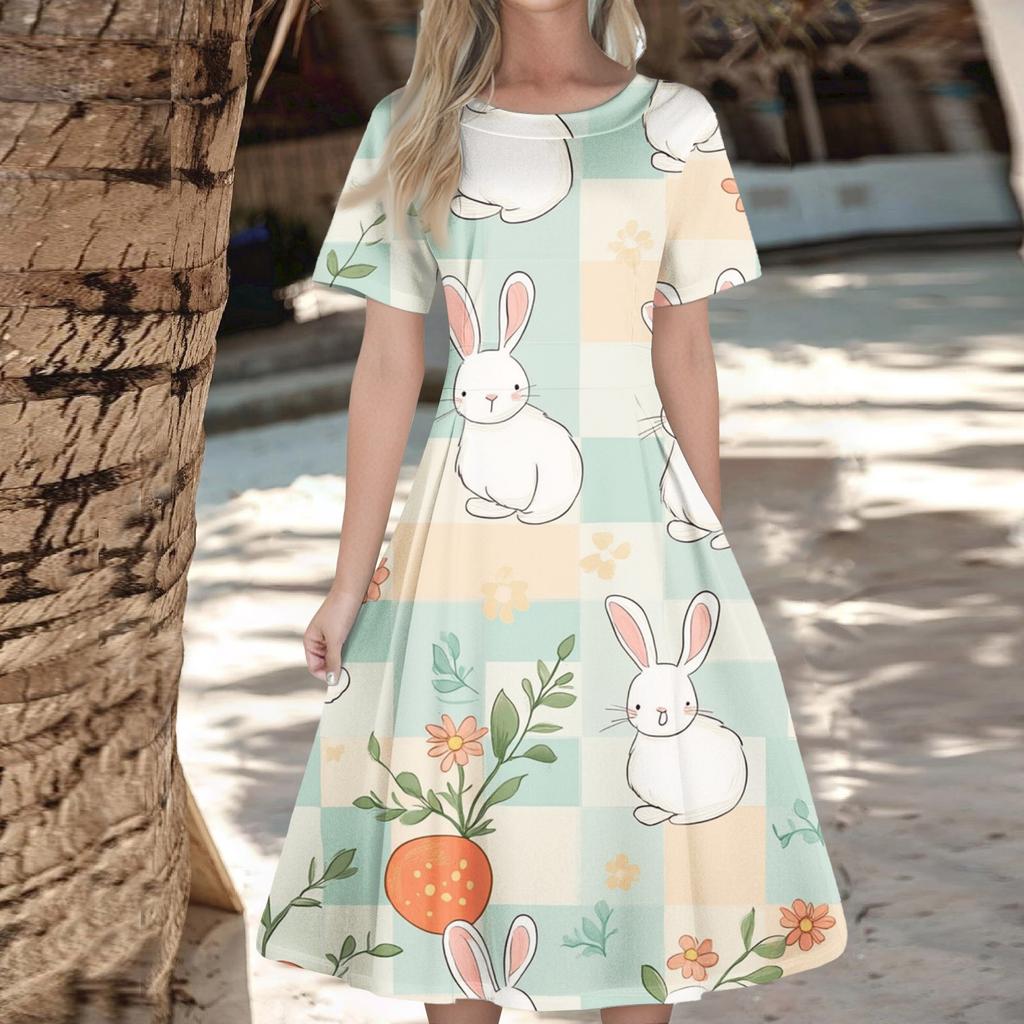 Женское повседневное модное платье с пасхальным принтом, круглое платье с коротким рукавом и талией, средней длины (с молнией)