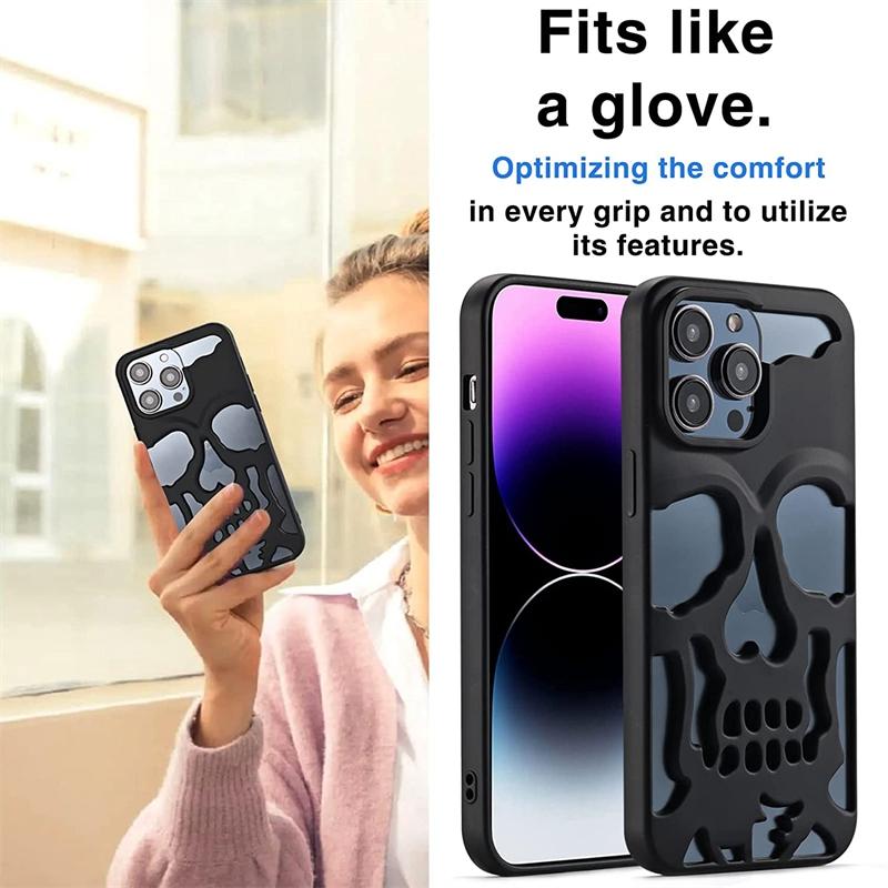 Cool Hollow 3D Skull Phone Case for iPhone 16 15 14 Plus 13 12 11 Pro Max Plating Gothic Skeleton Design Shockproof Cover