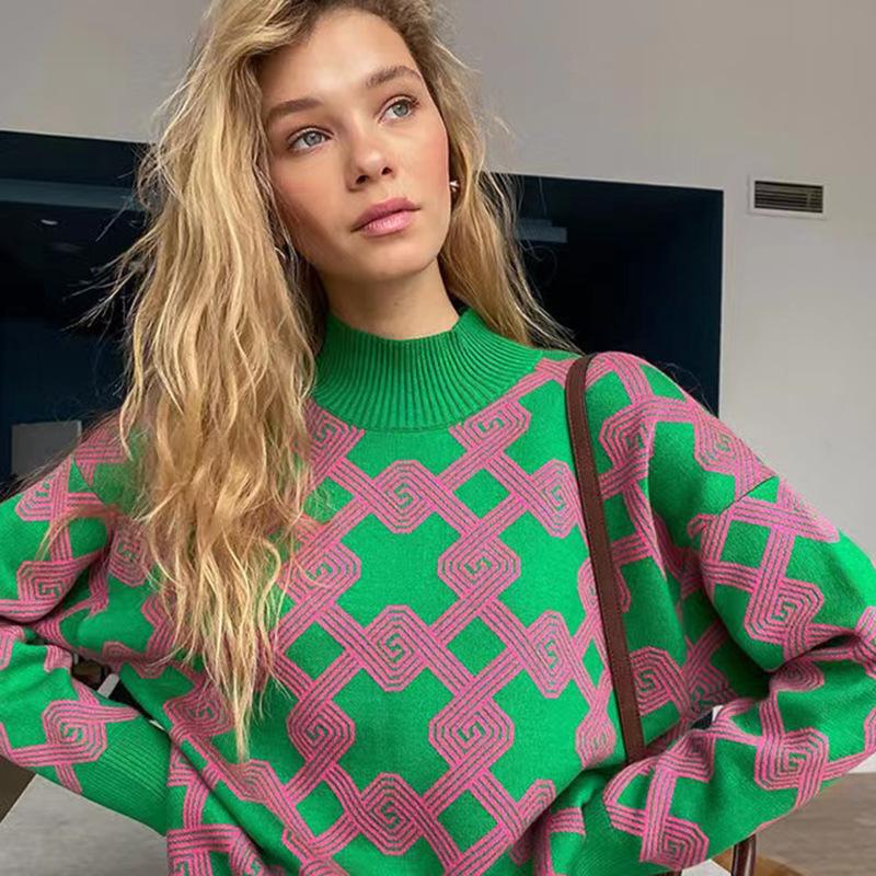 IHUASU Удобный жаккардовый джемпер с полувысокой горловиной, легкий, мягкий, не скатывающийся, открытый крой, свитер-пуловер