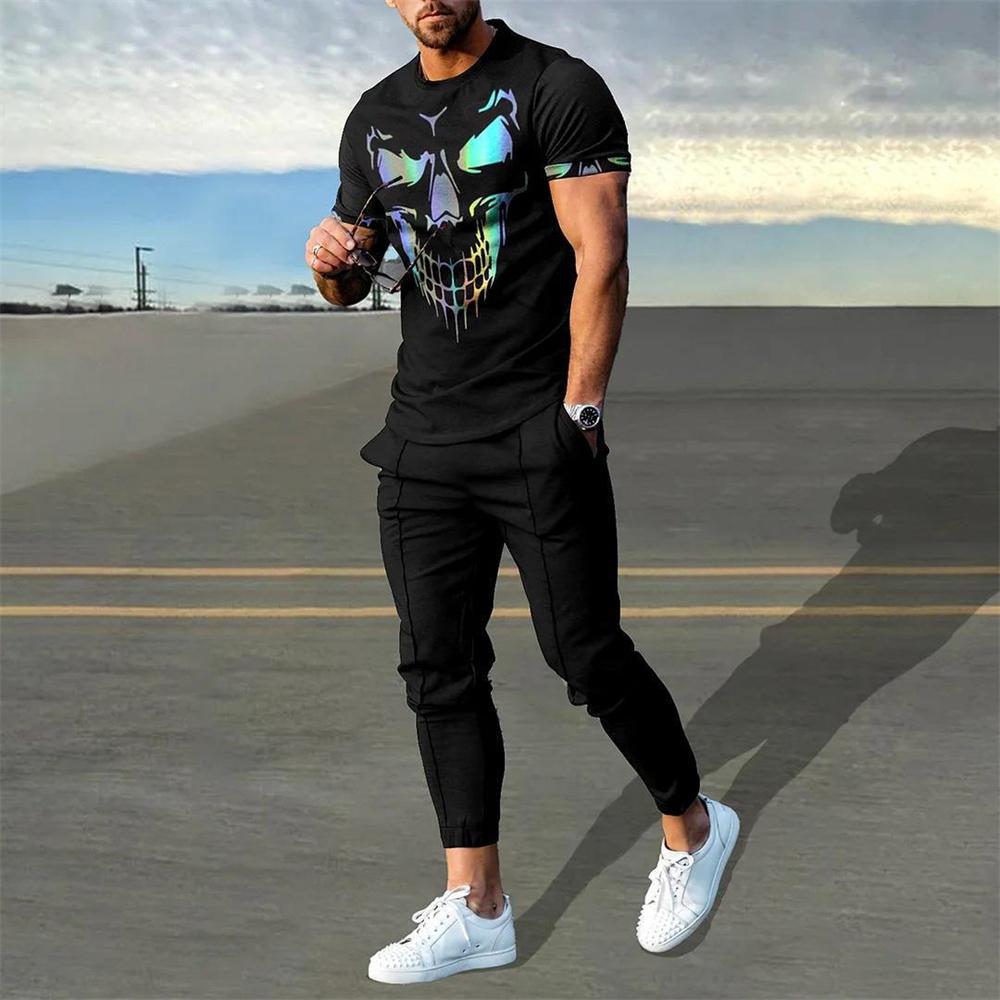 Мужские летние комплекты из 2 предметов: футболки и брюки, футболки с принтом, брюки, спортивные костюмы, модные спортивные штаны, спортивные костюмы, комплекты одежды для мужчин