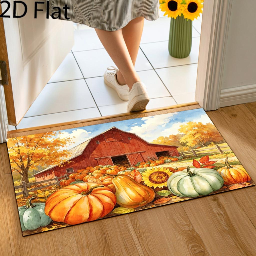2D Flat Autumn Red Barn Farm Harvest Door Mat, Thanksgiving Pastoral Harvest Printed Door Mat Carpet, Home Entrance Durable Non-Slip Thanksgiving Entr
