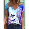Women's T-shirts Fashion Tops V-neck Colorful Butterfly T Shirt Female Short Flowers 3 Print Casual  T-Shirts