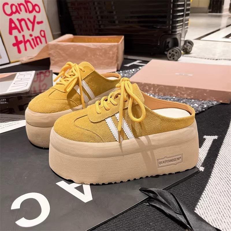 Матовые кружевные полутапочки на шнуровке, маленькие маффины на толстой подошве для увеличения роста, ленивые бокен-туфли, женская обувь, обувь