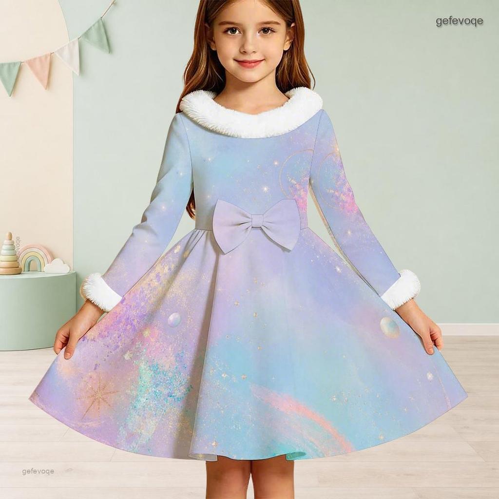 Girls High Neck Long Sleeve Pastel Printed A Line Flared Dress With Faux Fur Trim Big Bow