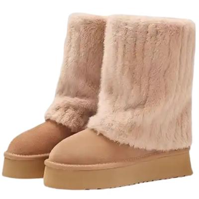 Модная обувь для женщин 2024 года, новые женские ботинки без застежек, зимние ботинки из цельного флоксового плюша с круглым носком, теплые, на среднем каблуке, водонепроницаемые, повседневные зимние ботинки