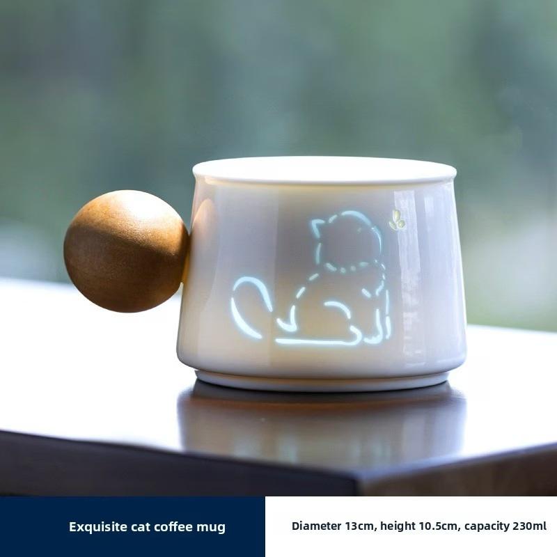 Cute Cat Ceramic Coffee Cup with Saucer, 230ml Porcelain Tea Cup with Wooden Handle