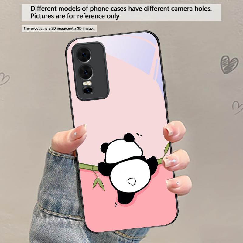 Милый и очаровательный панда Для vivo Y100 Y33s Y03 Y36 Y35 Y52 Y72 Y55 Y16 Y76 Y75 Y72 5G iQOO 12 Z9 Turbo Черный Стеклянный Чехол для Телефона