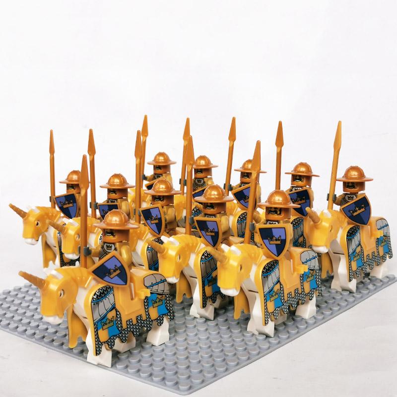Medieval Knights Castle Cavalry Rohan Soldiers Guard Army Lotr Cavalier With Weapon Armor Helmet Shield and Horse Figure Blocks