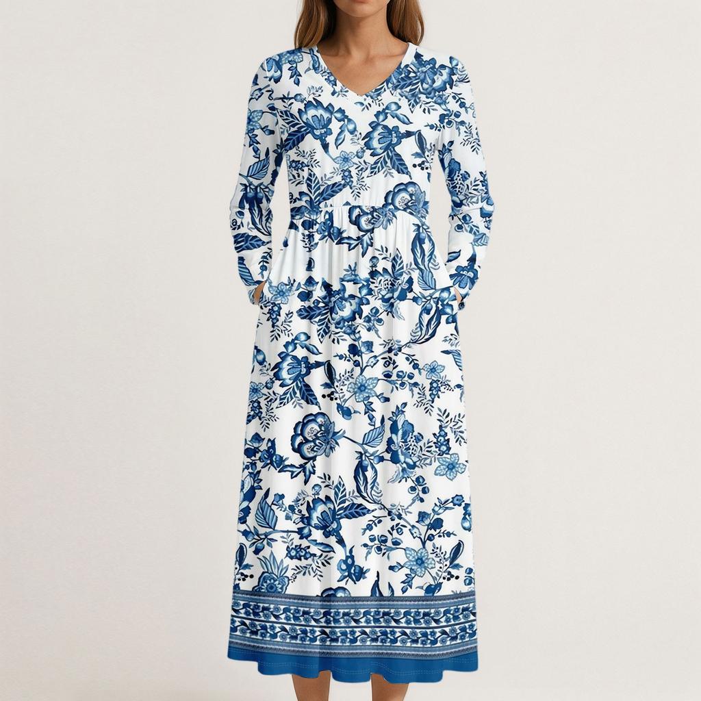 Платье для женщин длинное бохо пляжное платье элегантное макси-платье V-образный вырез длинный рукав платье с карманами