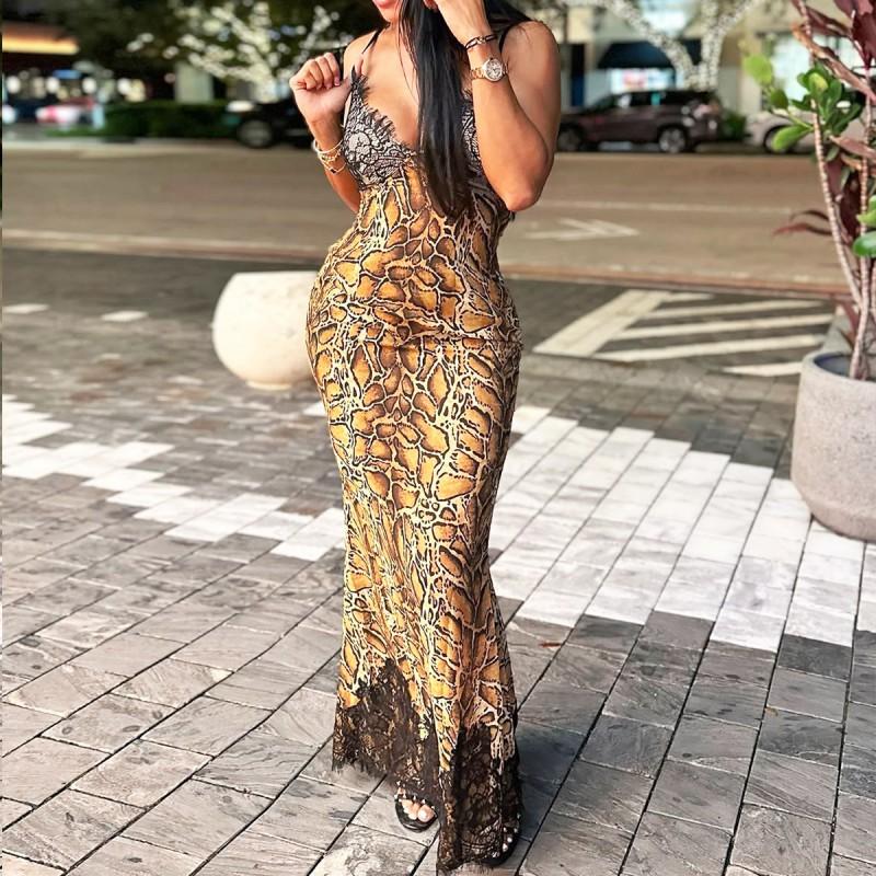 Womens Sexy Printed Splicing Slip Dress Slim Fit Long Party Daily Wear