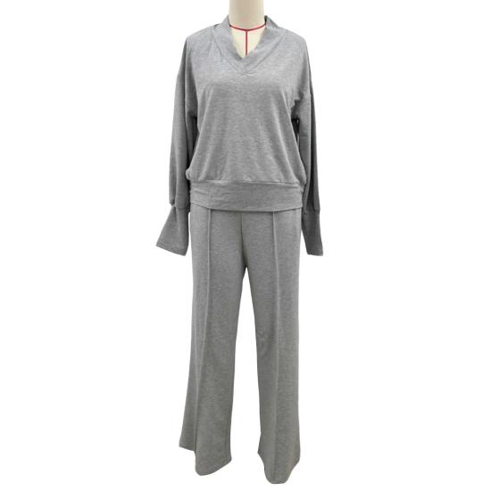 2 шт./комплект женский топ брюки комплект V-образный вырез длинные рукава свободная толстовка эластичный пояс широкие спортивные штаны спортивный наряд осенний повседневный спортивный костюм