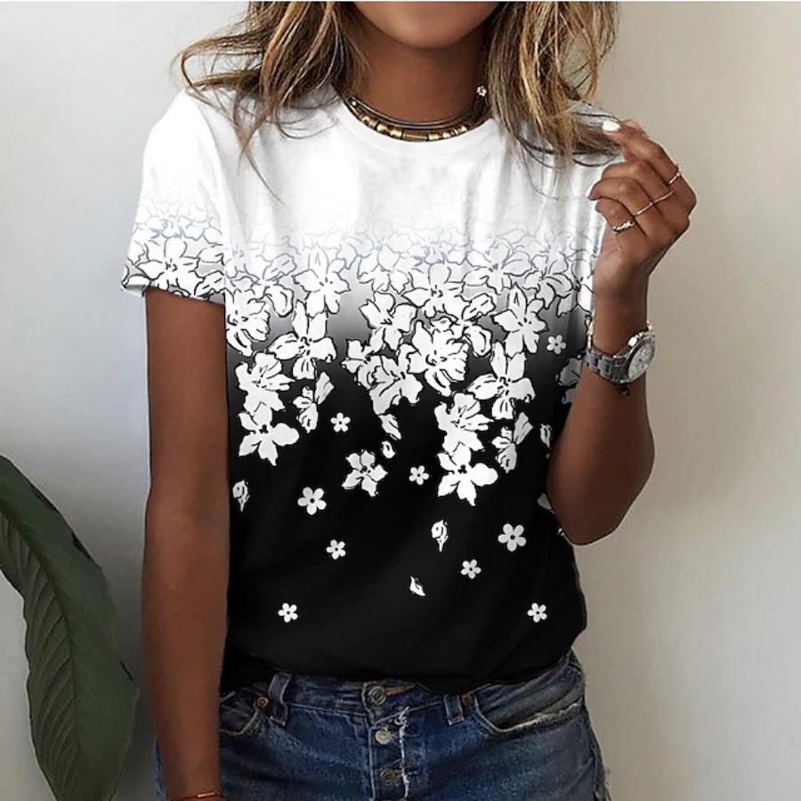 Футболка с цветочным 3D принтом, летняя женская одежда, топы с круглым вырезом, повседневные футболки с короткими рукавами
