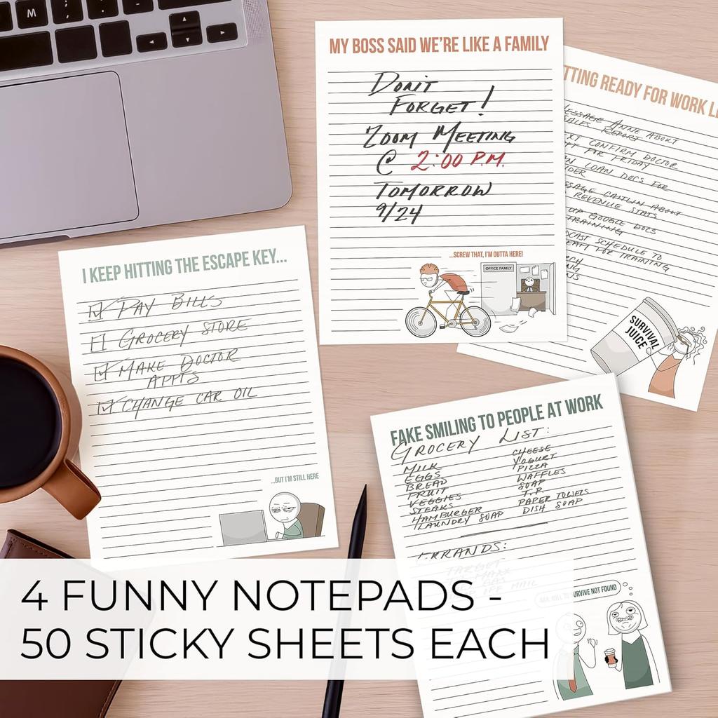 ZICOTO Super Funny Notepads - Hilarious Office Gift for Your Women Coworkers - Set of 4 Office Supplies Memo Pads w/ 4 Assorted Designs, 50 Sheets