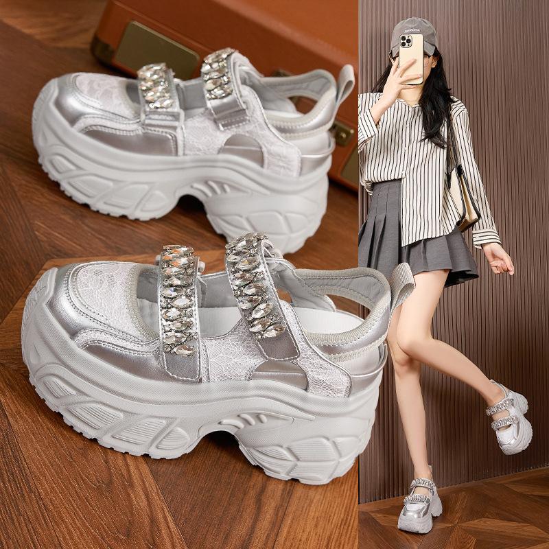 Модные 9 см Кроссовки на массивной подошве из микрофибры и сетки, Высокий бренд, Удобные ботильоны, Модные летние ботильоны на крючках, Блестящая обувь для женщин