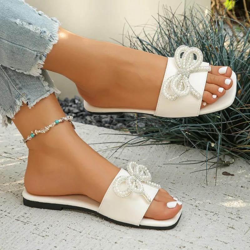 Fashion 2025 Shoes for Women Open Toe Women's Slippers Plus Size Daily Slippers Women String Bead Bow Tie Square Toe Flat with Sandals