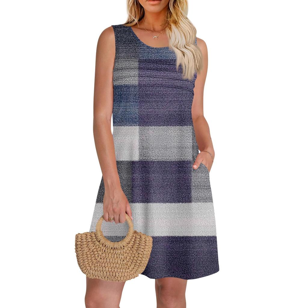 Женские летние платья с круглым вырезом, плиссировкой спереди, без рукавов, карманами, сарафаном, повседневным платьем