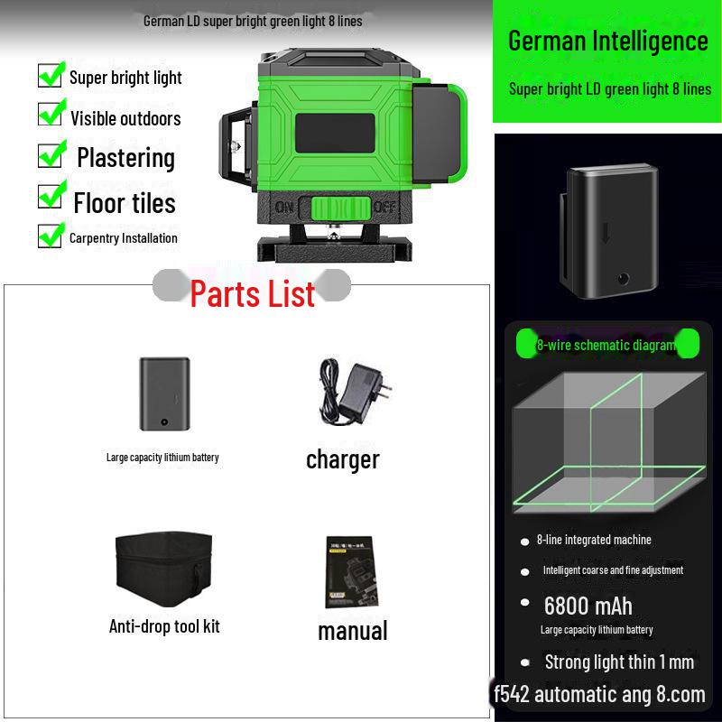 Высокоточный 16-линейный лазерный уровень с 12 зелеными световыми линиями для автоматического выравнивания пола и стен