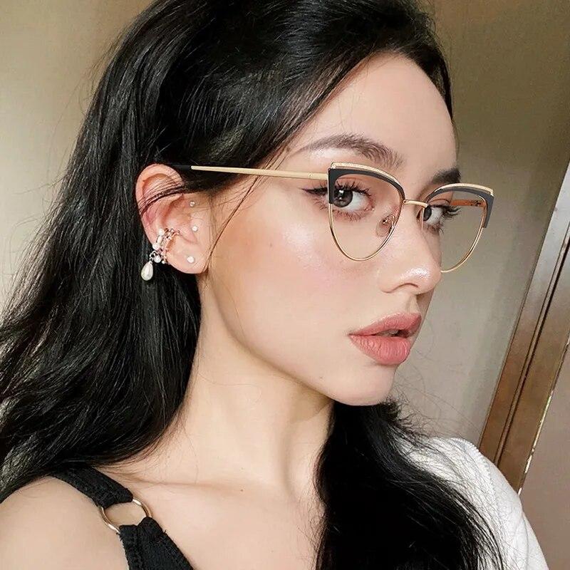 Personalized Luxury Metal Plain Glasses Women Clear Cat Eye Eyewear Anti-Blue Light Optical Spectacles Trendy Computer Glasses