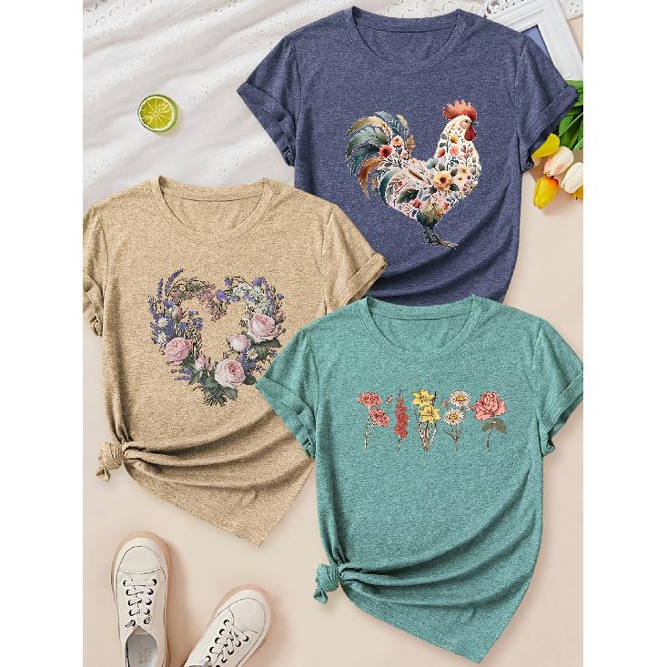 Floral Rooster Heart Floral Print Round Neck Three Piece Short Sleeve Women Elegant Three Seasons Gift Set