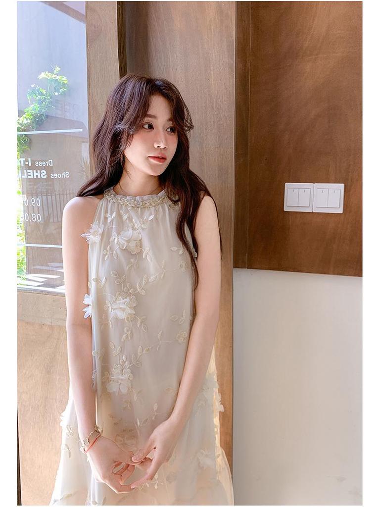 2025 Summer Lace Embroidery Spliced Long Vest Dress - Sleeveless Holiday Style AG2522